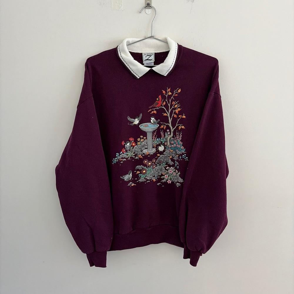 Vintage Whim Z Jerzees Bird Garden Collared Sweatshirt Burgundy L